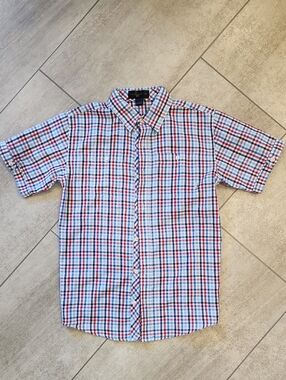 Beverly Hills Polo Club Boys Sz M Short Sleeve Plaid Button-Up Shirt Red & Blue